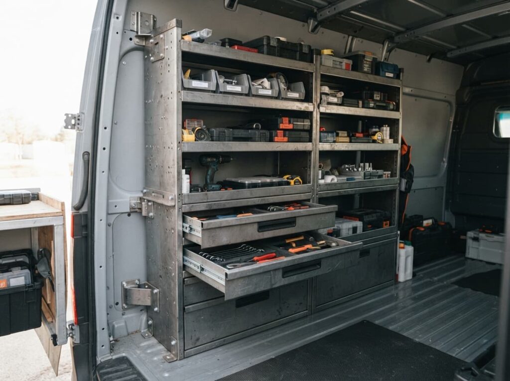 Modules métalliques modulaires avec étagères et tiroirs, fixés à l'intérieur d'un fourgon utilitaire.