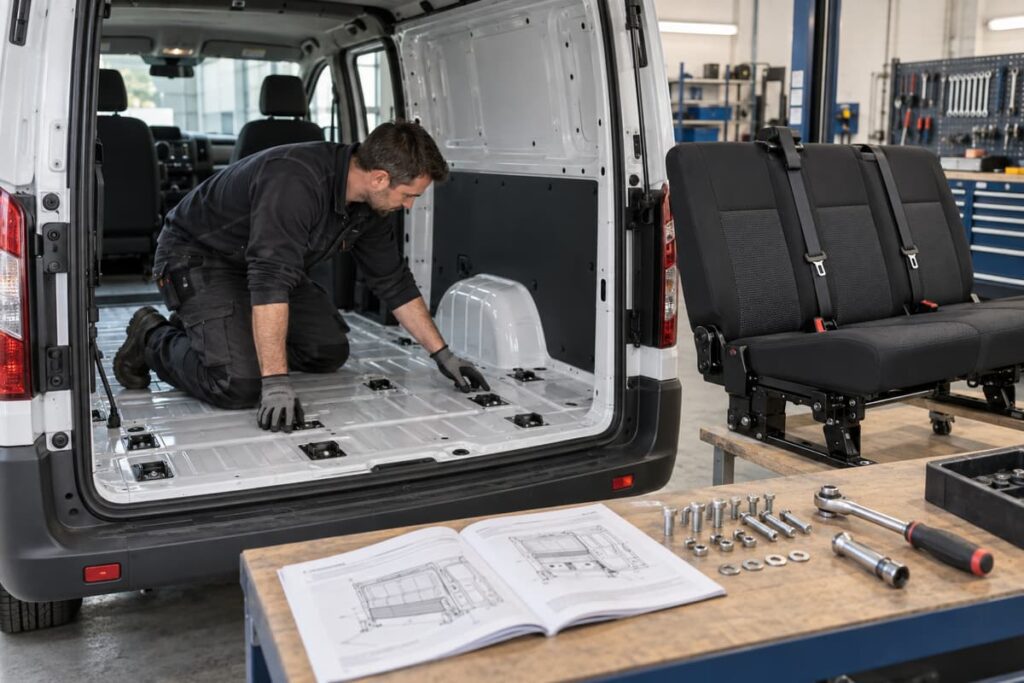 Un technicien examine les ancrages de fixation d'une banquette dans l'habitacle d'un utilitaire, avec une documentation technique et des pièces de fixation posées sur un établi dans un atelier.