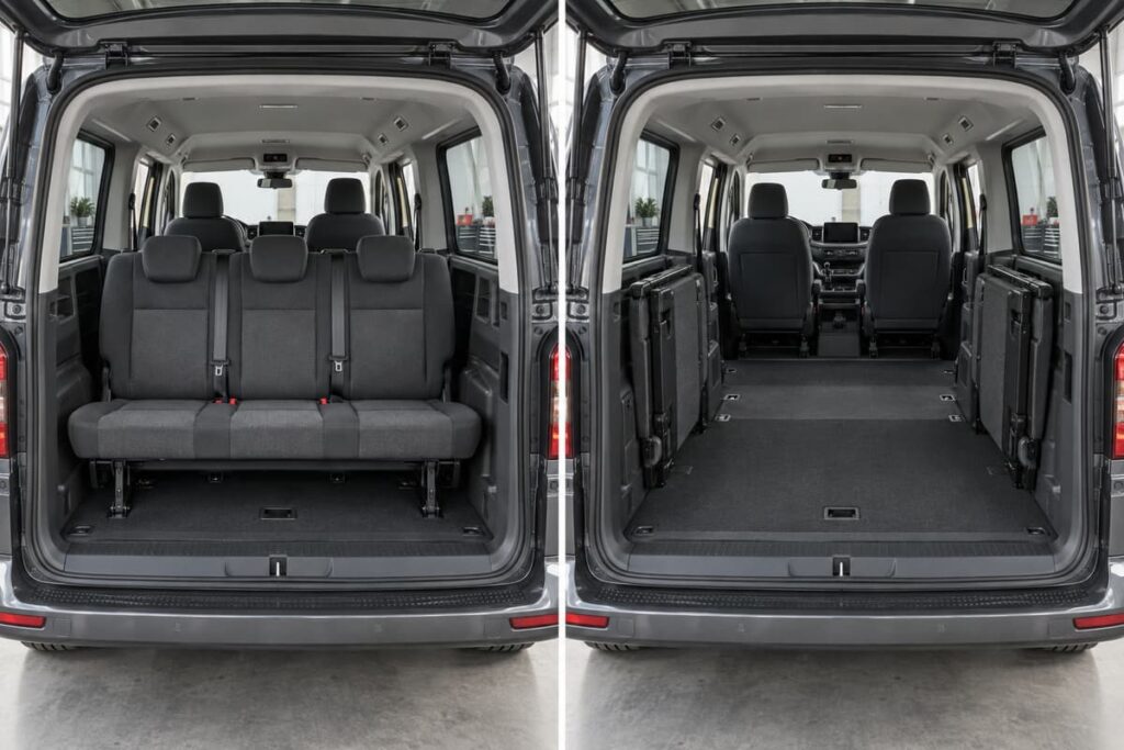 Vue comparative de l'intérieur d'un utilitaire montrant la banquette arrière déployée dans une moitié et repliée dans l'autre, avec un espace de chargement visiblement accru.