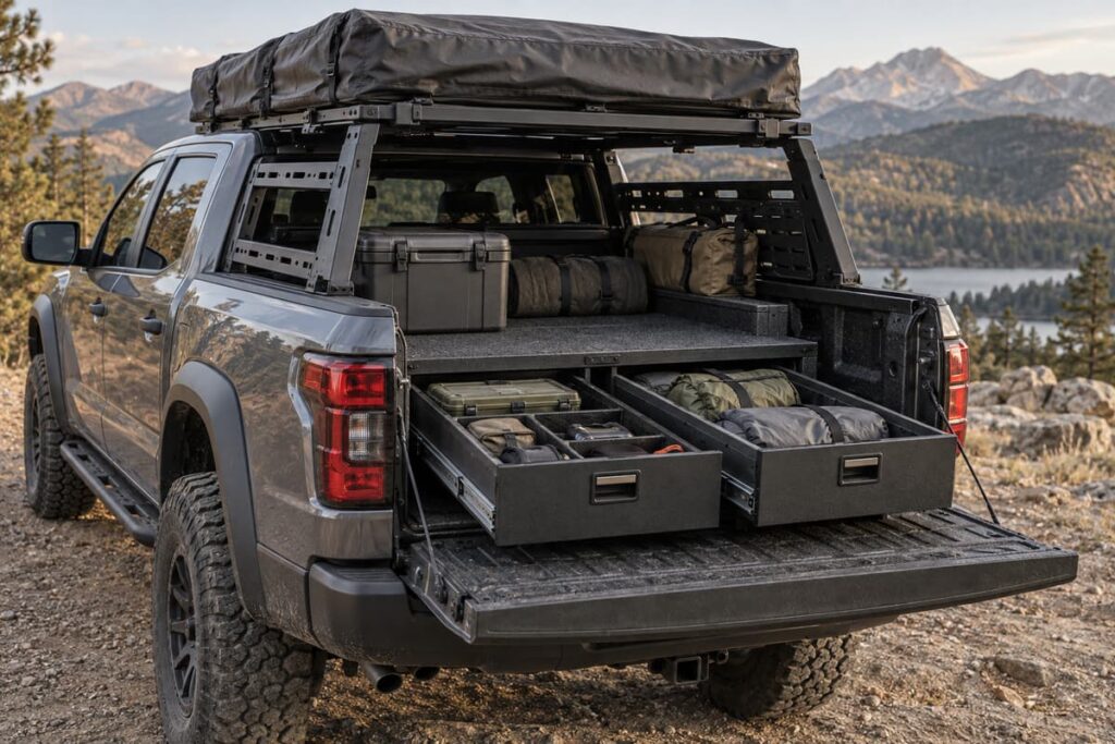 Vue trois quarts arrière d'un pick-up moderne avec une benne organisée, des tiroirs de rangement partiellement ouverts, une protection de benne et un équipement de camping discret sur le toit.