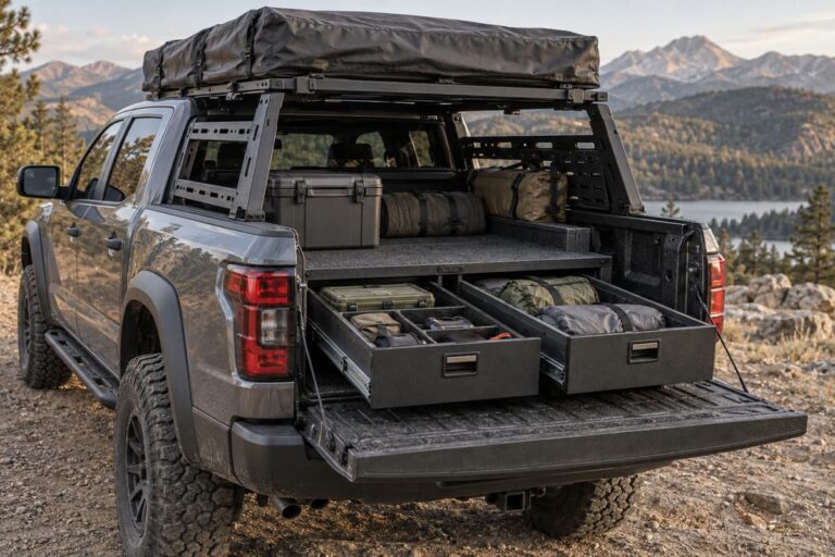 Vue trois quarts arrière d'un pick-up moderne avec une benne organisée, des tiroirs de rangement partiellement ouverts, une protection de benne et un équipement de camping discret sur le toit.
