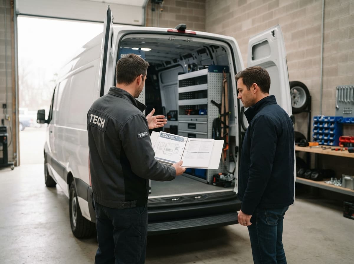 Dans un atelier, un professionnel présente un kit d’aménagement et une liasse de documents à un client, devant un utilitaire aux portes arrière ouvertes.