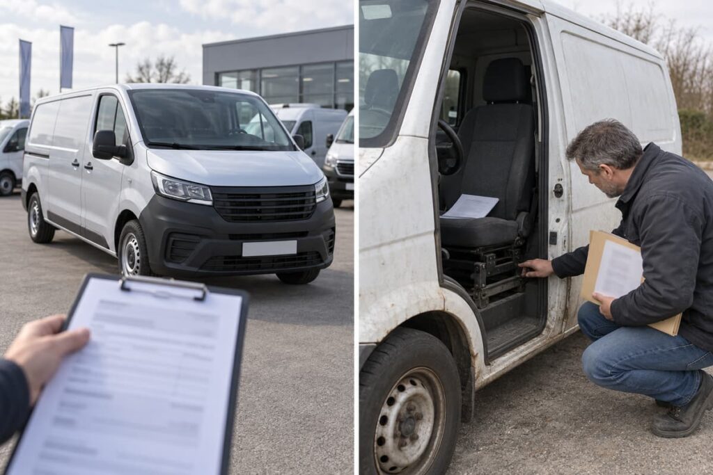 À gauche, un utilitaire neuf avec un bon de commande générique ; à droite, un utilitaire d'occasion avec dossier d'entretien et inspection des sièges, documents flous et plaques non lisibles.