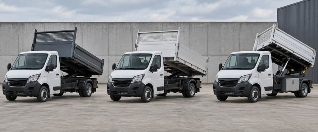 Trois bennes de camions utilitaires alignées : une benne acier, une benne aluminium à ridelles et une benne triverse légèrement inclinée latéralement avec un coffre de rangement latéral, sur fond neutre.