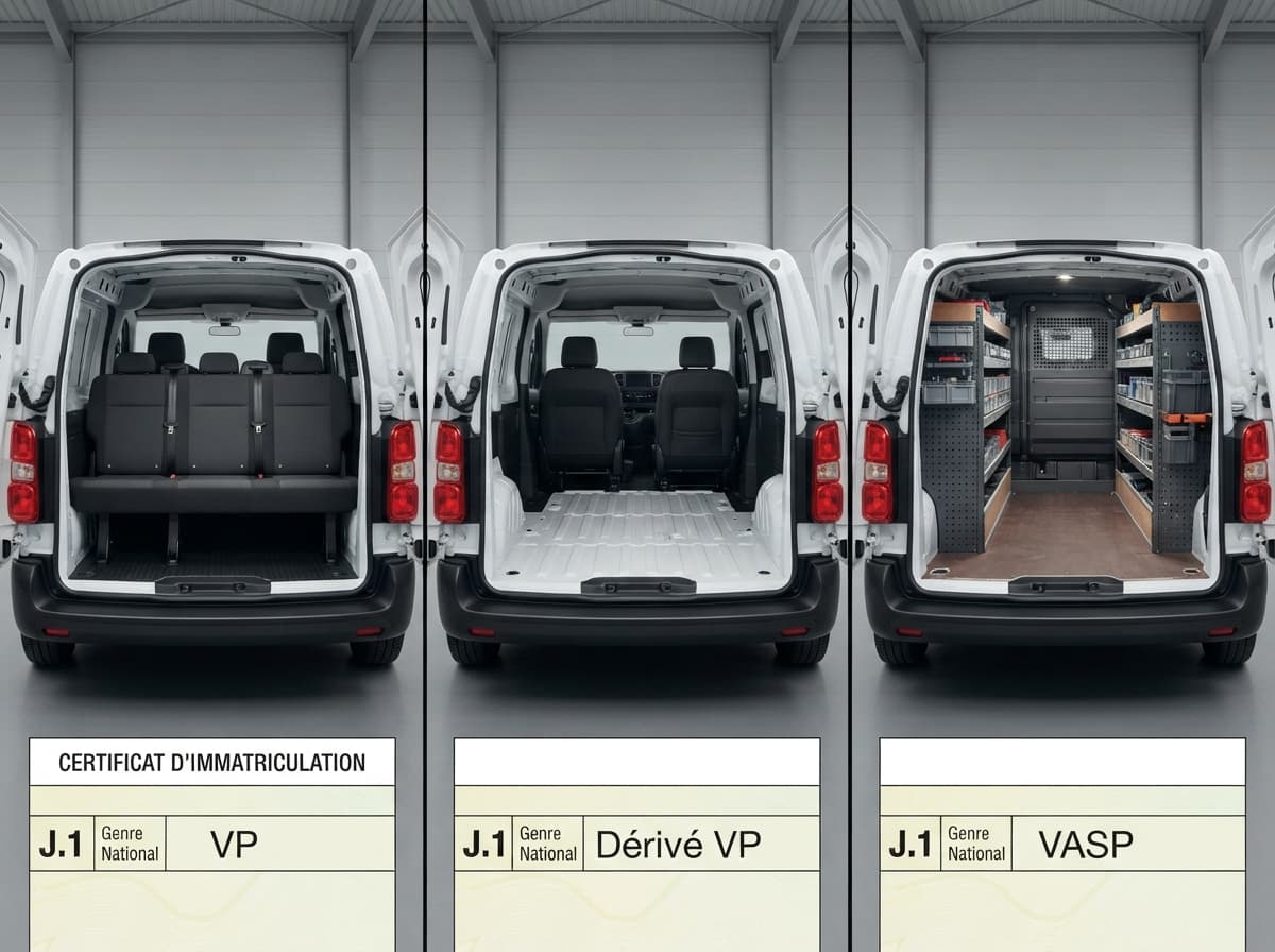 Trois panneaux côte à côte montrant l'intérieur arrière d'un même utilitaire blanc en configurations cinq places, deux places et utilitaire aménagé, chacun accompagné d'une carte grise schématique avec la mention correspondante.