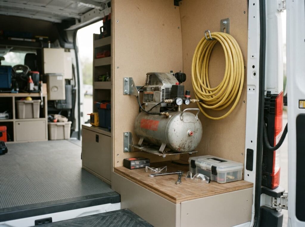 Compresseur à air compact fixé près de la cloison d'un fourgon, avec tuyau enroulé et fixation visible dans un espace de travail.