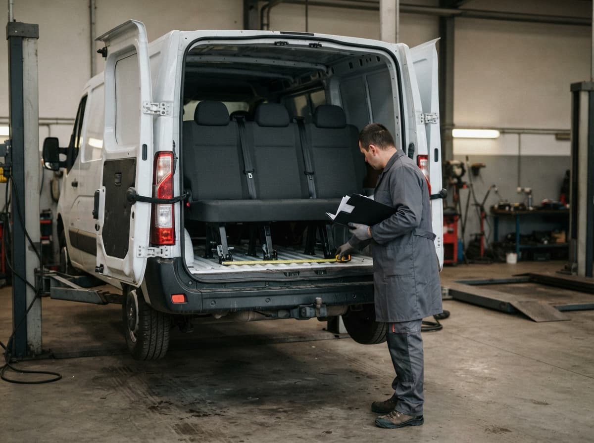 Un technicien en blouse mesure les points de fixation d'une banquette à l'arrière d'un utilitaire sur pont élévateur, des ceintures de sécurité visibles et un dossier technique à la main.