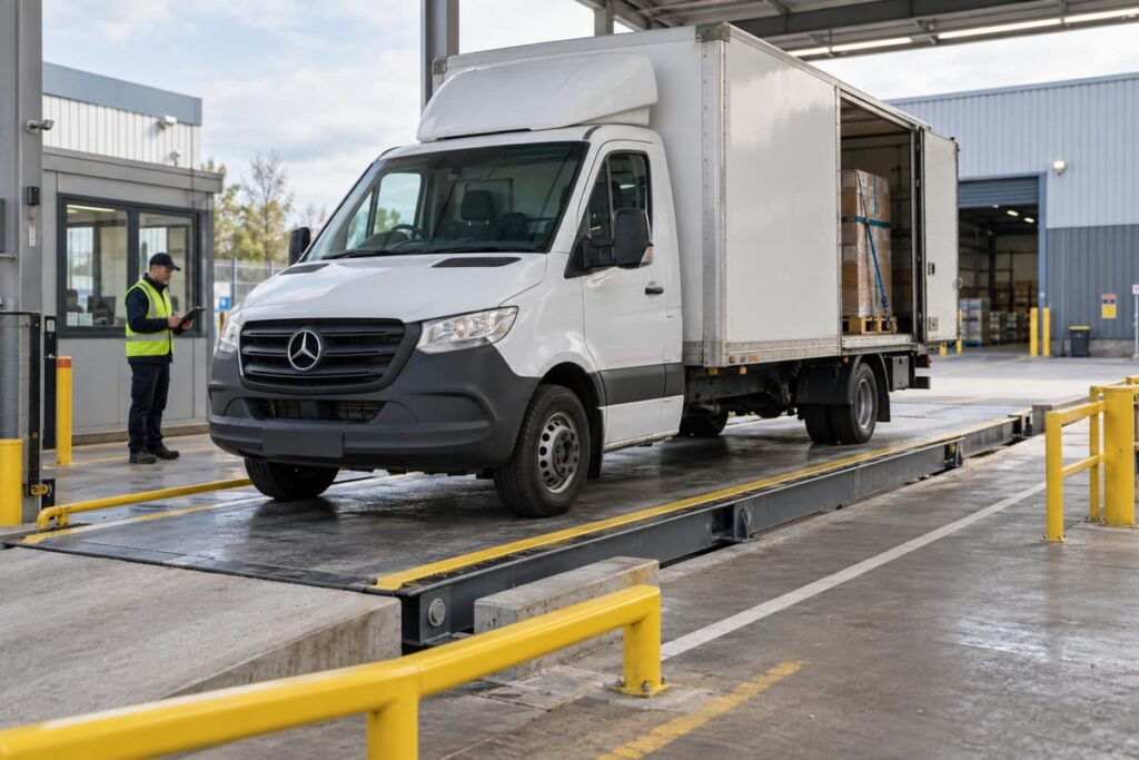 Véhicule utilitaire carrossé stationné sur une plateforme de pesage avec sa porte arrière entrouverte laissant voir des charges arrimées.