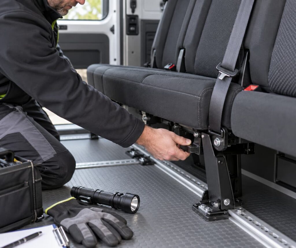 Gros plan sur une main vérifiant le mécanisme de verrouillage d'une banquette dans un utilitaire, avec ceinture de sécurité visible et matériel professionnel posé à proximité.