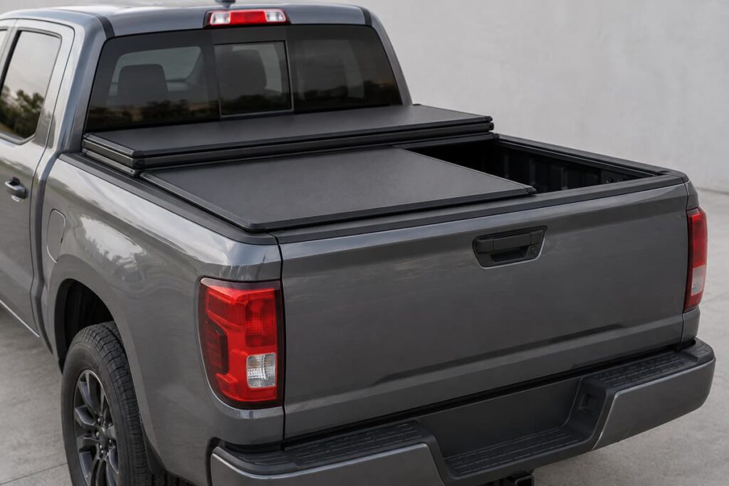 Vue arrière trois quarts d’une benne de pick-up dotée d’un couvre-tonneau rigide tri-fold au profil bas, partiellement replié pour laisser une ouverture partielle au-dessus du hayon fermé.
