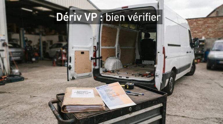 Utilitaire blanc aux portes arrière ouvertes stationné devant un atelier, avec une carte grise posée sur un dossier près d'une caisse à outils, et le texte 'Dériv VP : bien vérifier' en surimpression.