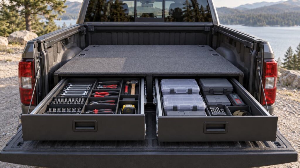 Vue arrière d'une benne de pick-up équipée d'un plancher surélevé et de deux tiroirs ouverts contenant des caisses de rangement et des outils organisés, accessibles depuis le hayon.
