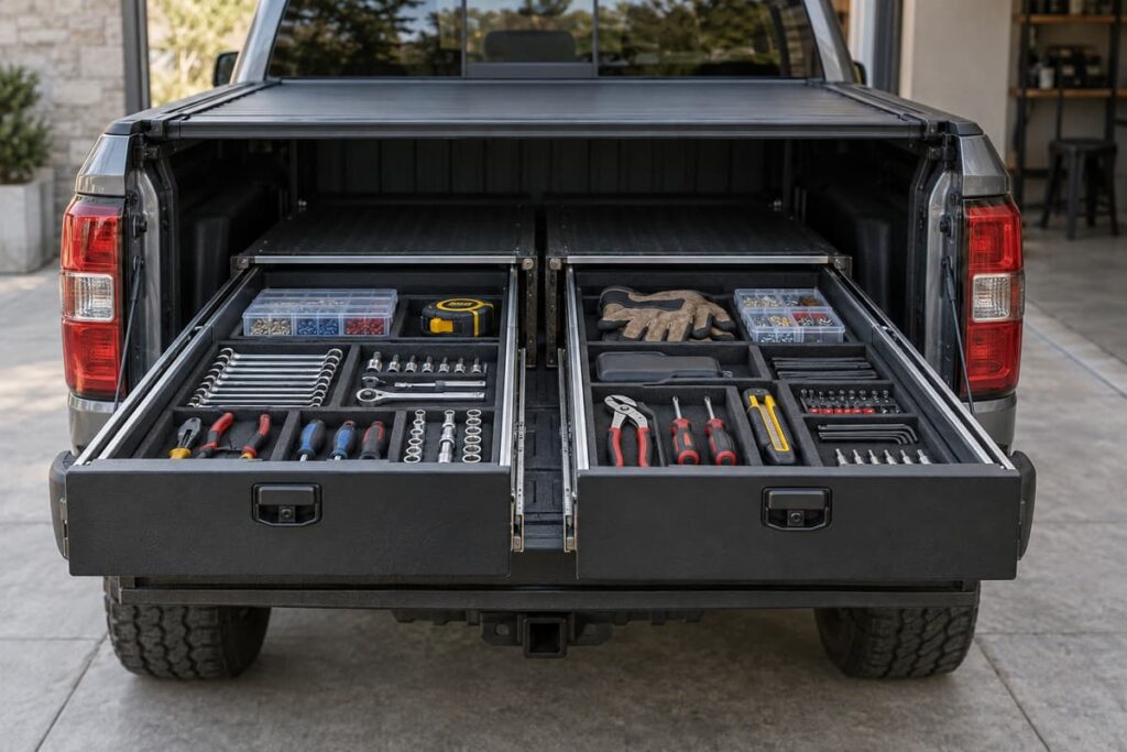 La benne d'un pick-up double cabine, photographiée de l'arrière, montre un hayon ouvert avec deux tiroirs indépendants coulissants sortis et des compartiments à outils organisés.