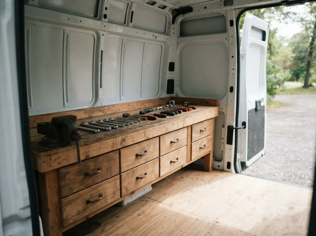 Établi en bois avec tiroirs intégrés dans un fourgon utilitaire, outillage posé sur le plan de travail, espace dégagé.