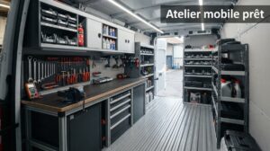 Intérieur d’un fourgon utilitaire aménagé en atelier mobile avec établi, rangements d’outils, éclairage et plancher renforcé, avec le texte 'Atelier mobile prêt' en surimpression.