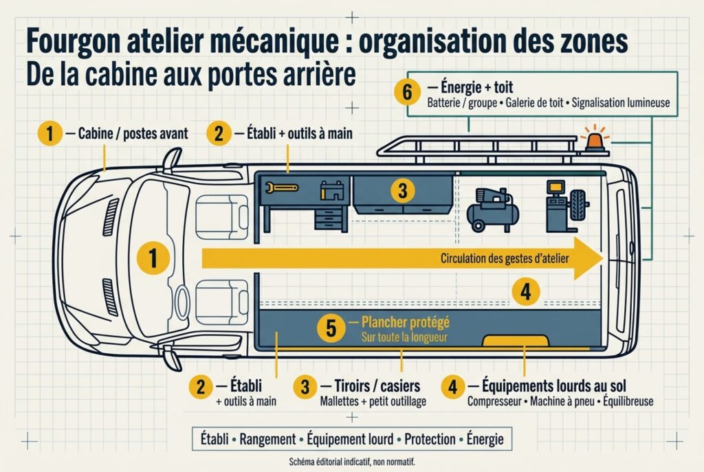 Plan fonctionnel en vue de dessus d'un fourgon atelier mécanique montrant l'organisation spatiale en six zones : cabine, établi, rangements, équipements lourds, plancher protégé et éléments d'énergie sur le toit.