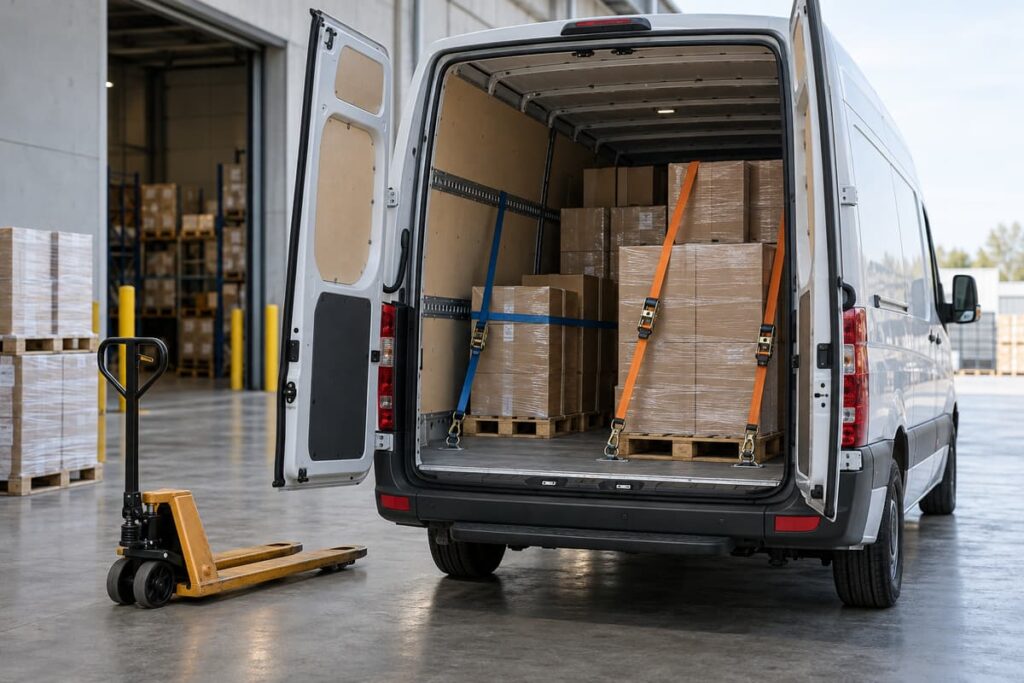 Vue arrière d’un fourgon utilitaire à caisse grand volume avec portes arrière ouvertes, montrant des colis arrimés par des sangles et un transpalette manuel au sol.