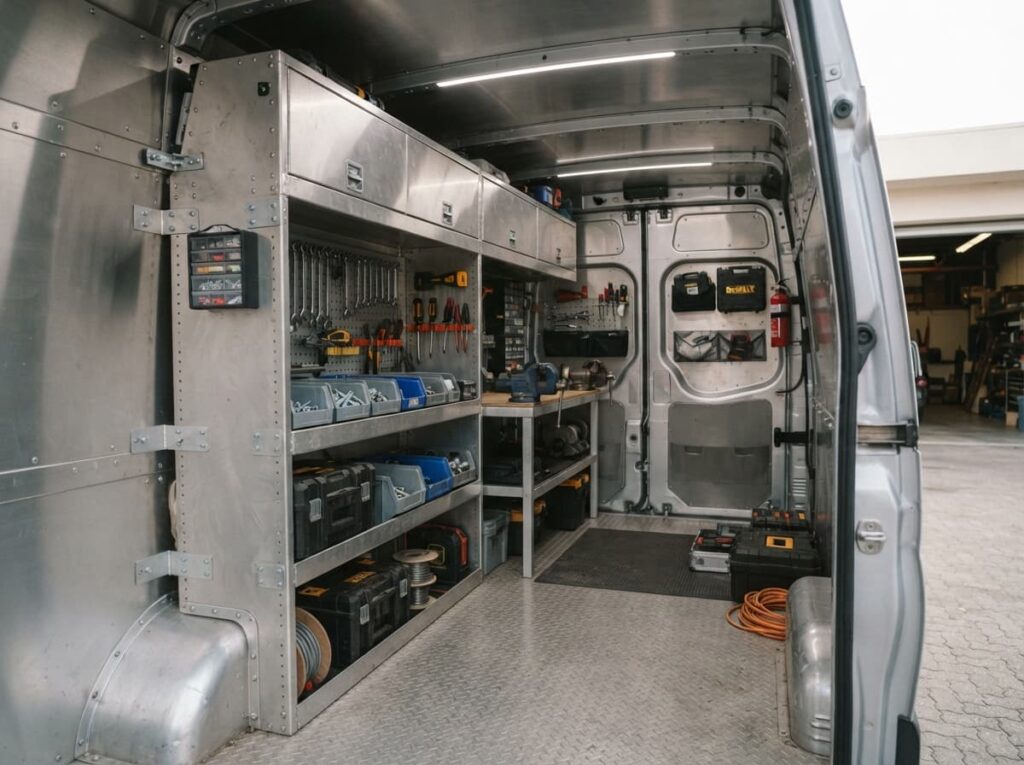 Intérieur d’un fourgon utilitaire avec parois recouvertes de panneaux aluminium, mobilier métallique fixé et rangements.