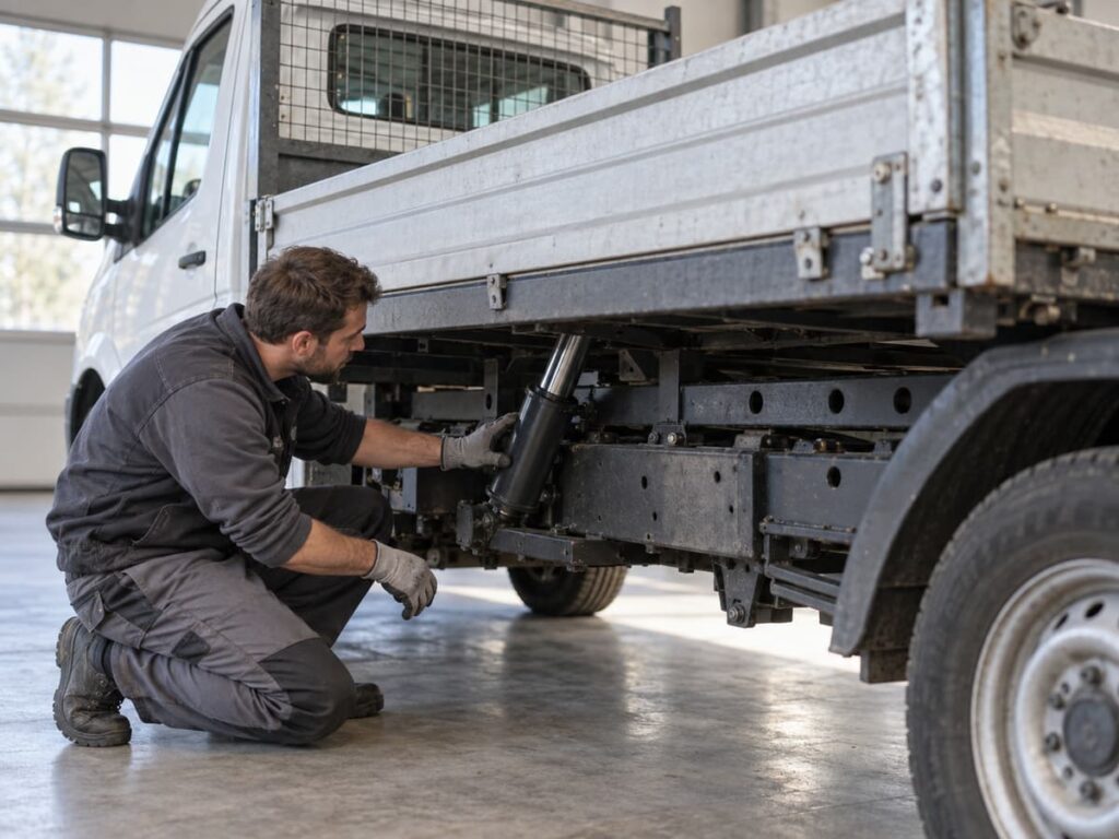 Technicien examinant le vérin hydraulique et le faux-châssis d’une benne utilitaire d’occasion dans un atelier, avec ridelles et plancher visibles.