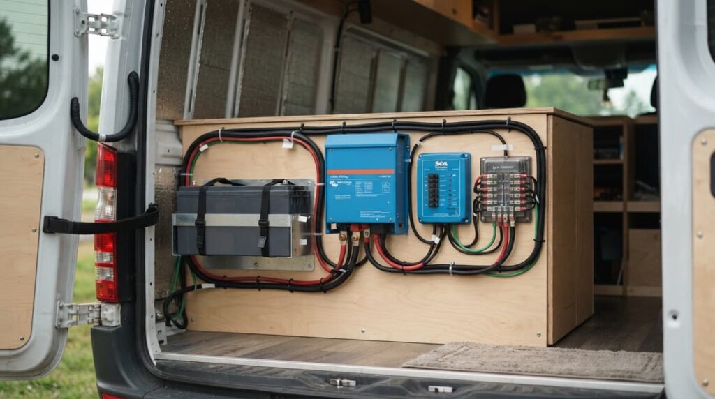 Vue d'une installation électrique autonome dans un fourgon, avec batterie, convertisseur, tableau électrique et câblage organisé fixés sur une paroi.