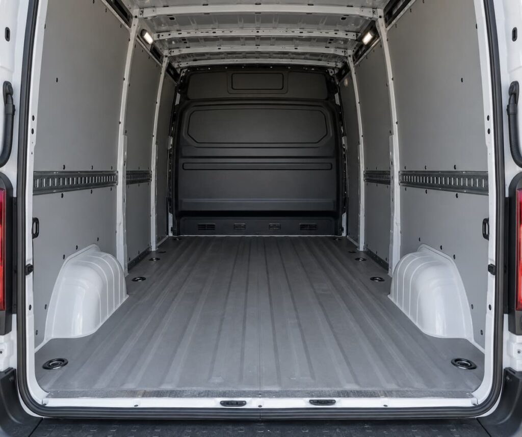 Vue intérieure arrière d'une caisse utilitaire vide montrant le plancher de chargement renforcé, les parois latérales, le pavillon intérieur, le cadre de porte arrière et les rails d'arrimage.