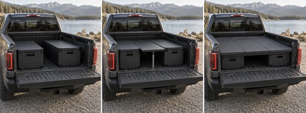 Vue arrière d'une benne de pick-up montrant un module transformable en trois configurations : coffres fermés, table déployée et plateau de couchage.