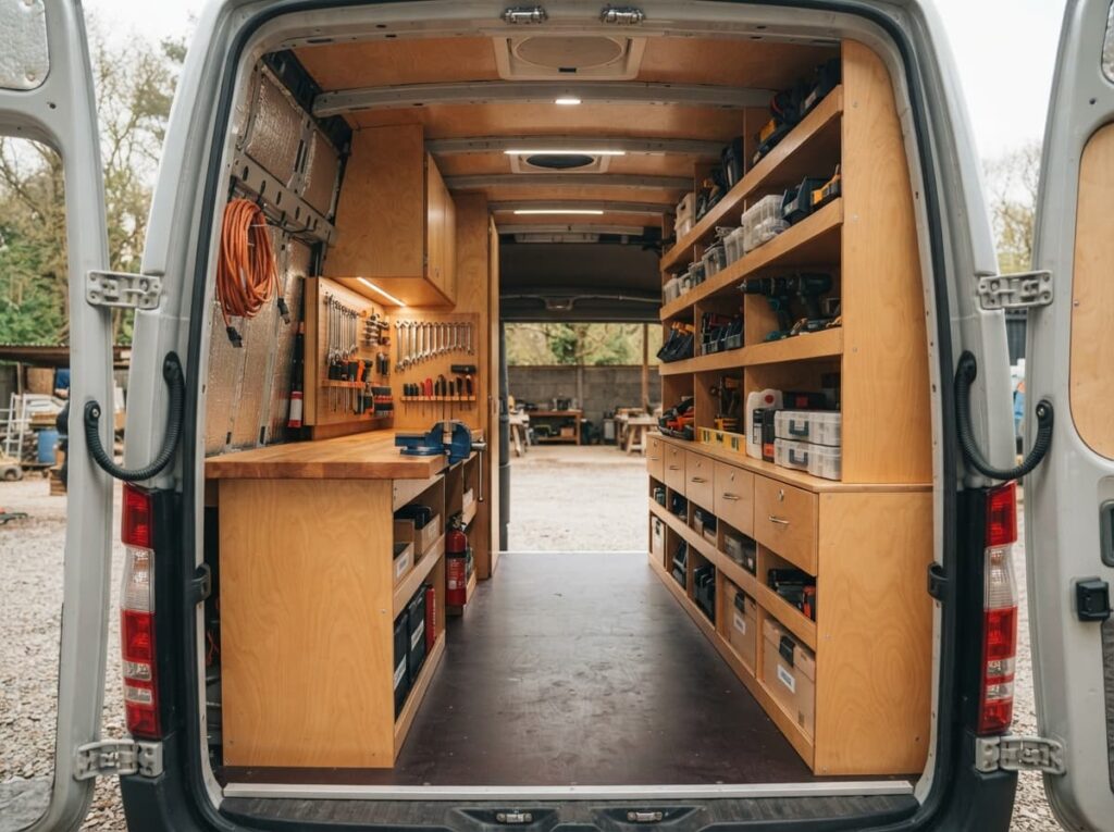 Intérieur d’un fourgon utilitaire aménagé avec des étagères, des tiroirs, des casiers et un petit établi en bois verni.