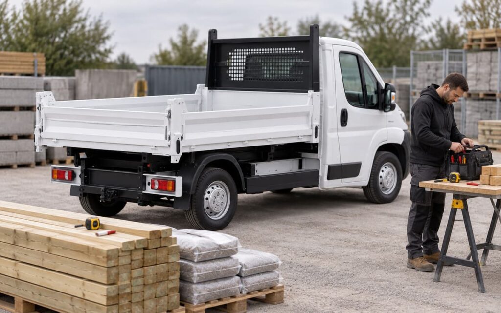 Artisan professionnel préparant un utilitaire Peugeot Boxer benne entouré d’outils rangés et de matériaux de chantier mesurés.