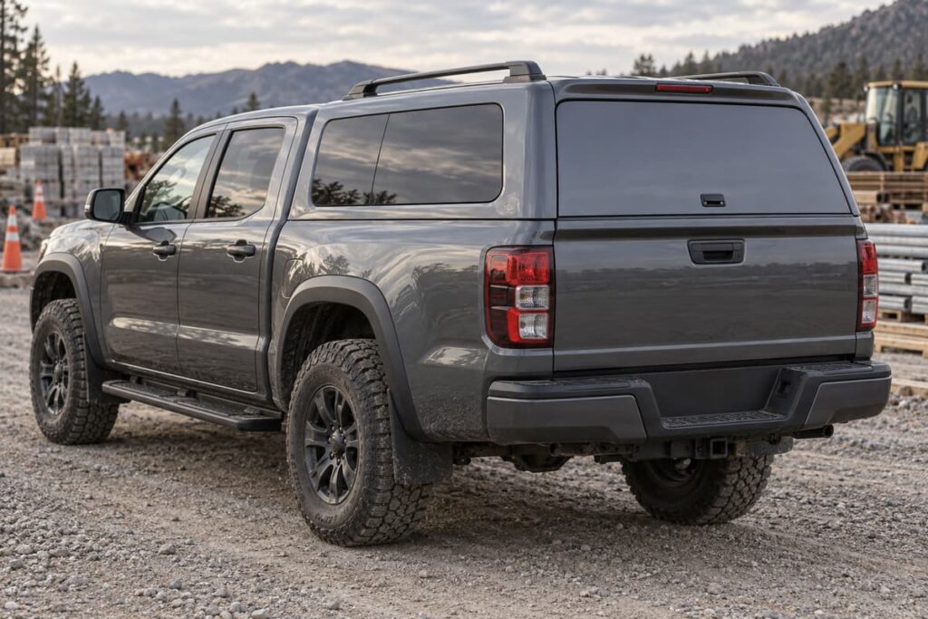Pick-up trois quarts arrière avec benne couverte par un hard-top en aluminium fermé, vitres latérales discrètes et deux rails de toit, stationné dans un environnement de travail extérieur.