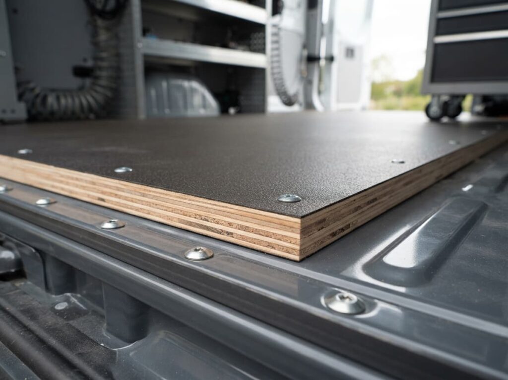 Plancher multicouche propre dans un fourgon, avec couches visibles et fixations au sol apparentes.