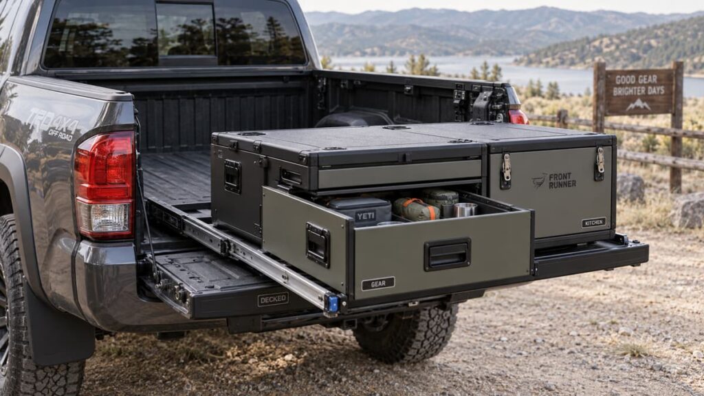Un plateau coulissant extrait d’une benne de pick-up supporte une malle de camping équipée de grands tiroirs latéraux et d’une zone de cuisine fermée.