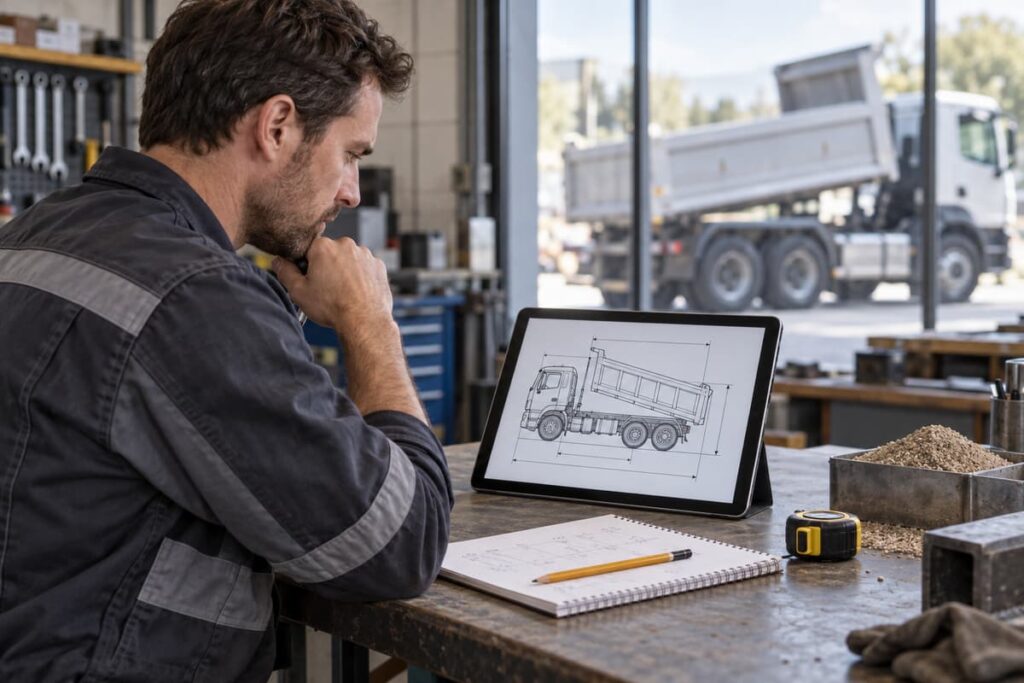 Un professionnel examine une fiche technique sur une tablette dans un bureau d'atelier, avec un mètre ruban, un carnet de mesures et un échantillon de matériau sur le bureau, et un utilitaire benne visible à travers une baie vitrée.
