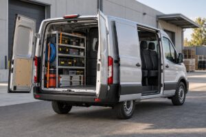Vue arrière trois-quarts d’un utilitaire tôlé avec portes ouvertes, montrant une seconde rangée de sièges et une zone de chargement organisée avec du matériel professionnel arrimé.