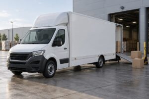Véhicule utilitaire à cabine avancée et carrosserie grand volume stationné dans une zone logistique avec quelques colis et une rampe de chargement.