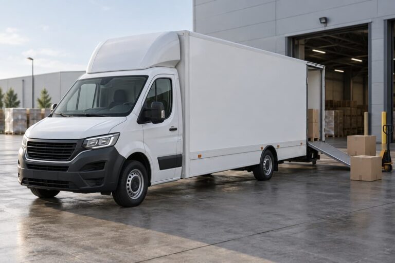Véhicule utilitaire à cabine avancée et carrosserie grand volume stationné dans une zone logistique avec quelques colis et une rampe de chargement.