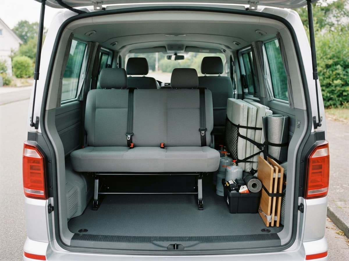 Intérieur arrière d’un utilitaire propre avec banquette trois places montée, cinq ceintures visibles et kit d’aménagement démonté rangé à côté.
