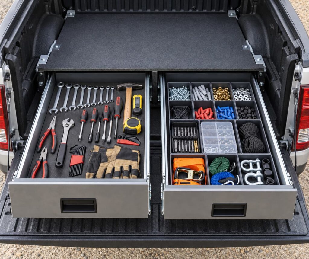 Benne de pick-up équipée de deux tiroirs coulissants ouverts, l’un contenant des outils et l’autre des accessoires rangés, sans marque identifiable.